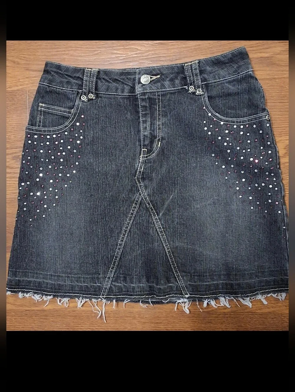 Vintage Y2K Route 66 Denim Skirt Raw Hem Pink & White Rhinestones Girls Size 16